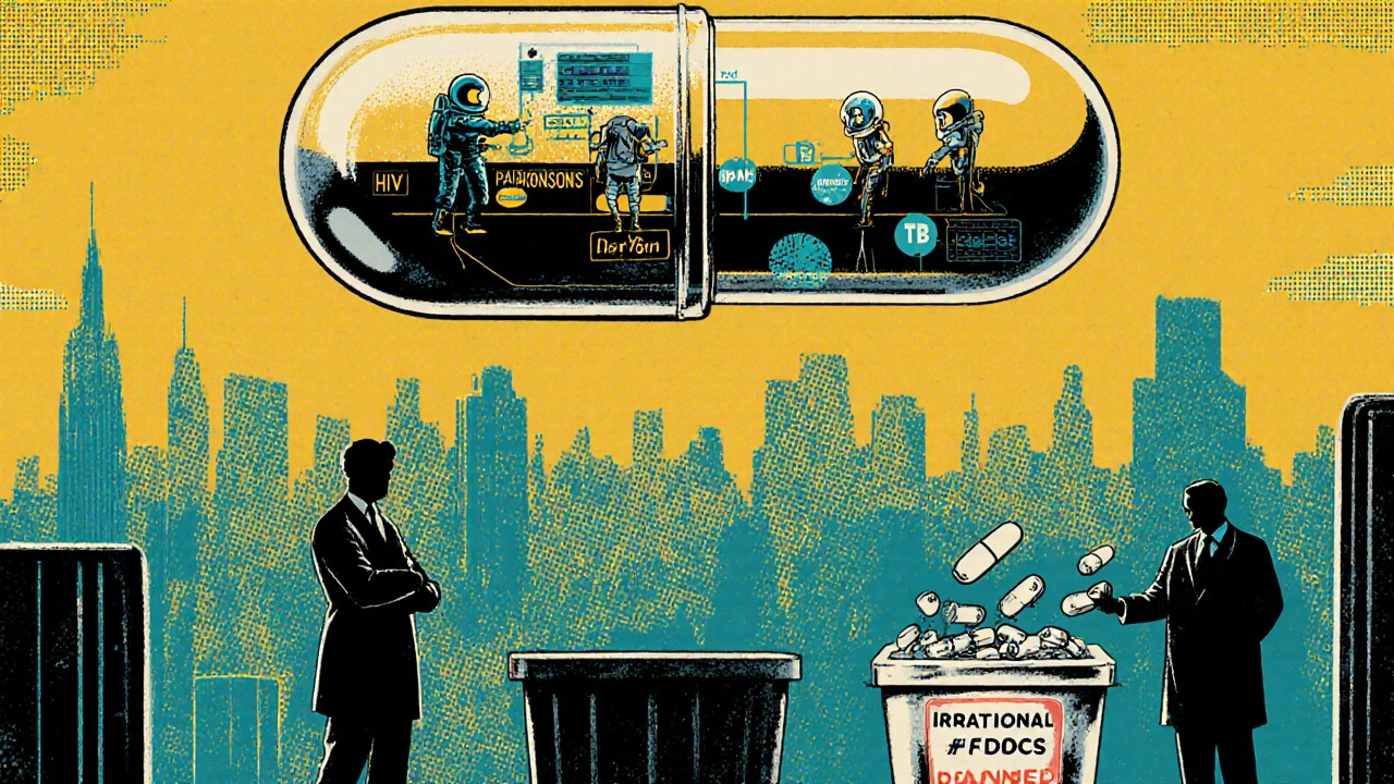 A giant transparent pill floats over a city, with scientists inside monitoring disease data, while irrational pills are discarded below.
