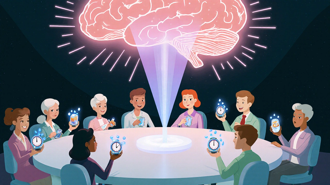 A group of patients share personalized strategies for managing side effects around a pill-shaped table under a glowing brain.