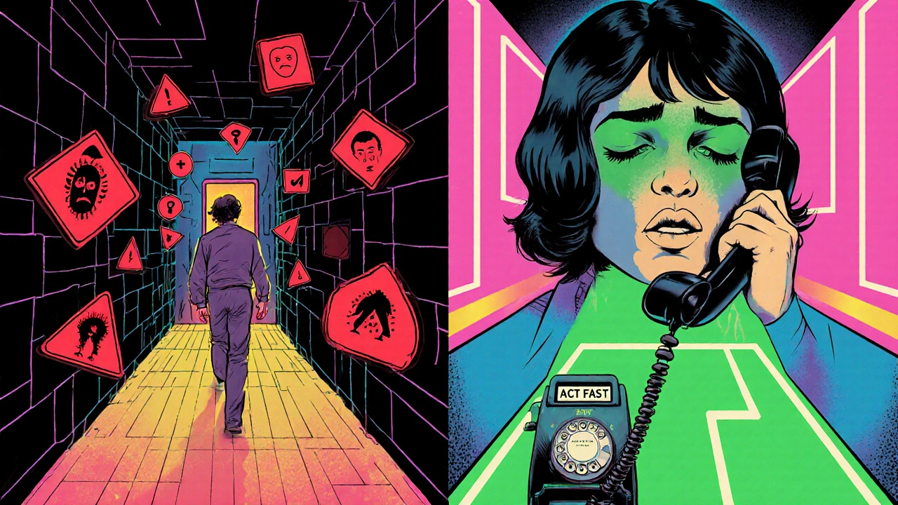 A person faces dangerous side effects on one side and takes action by calling a doctor on the other, in a neon-colored split scene.