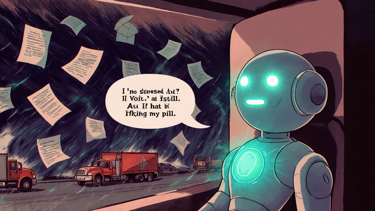 A person receiving calming therapy from a gentle robot in a sci-fi medical pod amid life chaos.