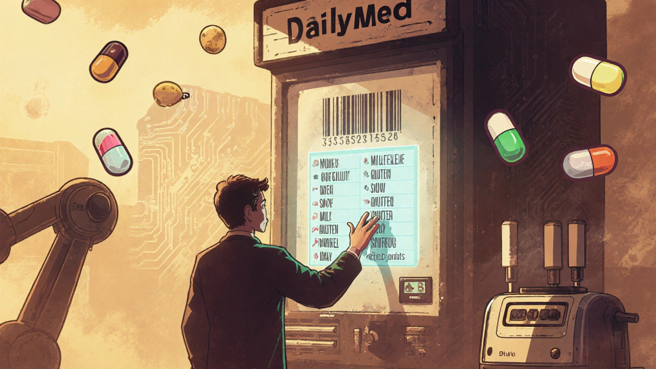 A person scanning a pill barcode that projects allergen warnings, with a toaster-like machine dispensing safe pills in a retro-futuristic setting.