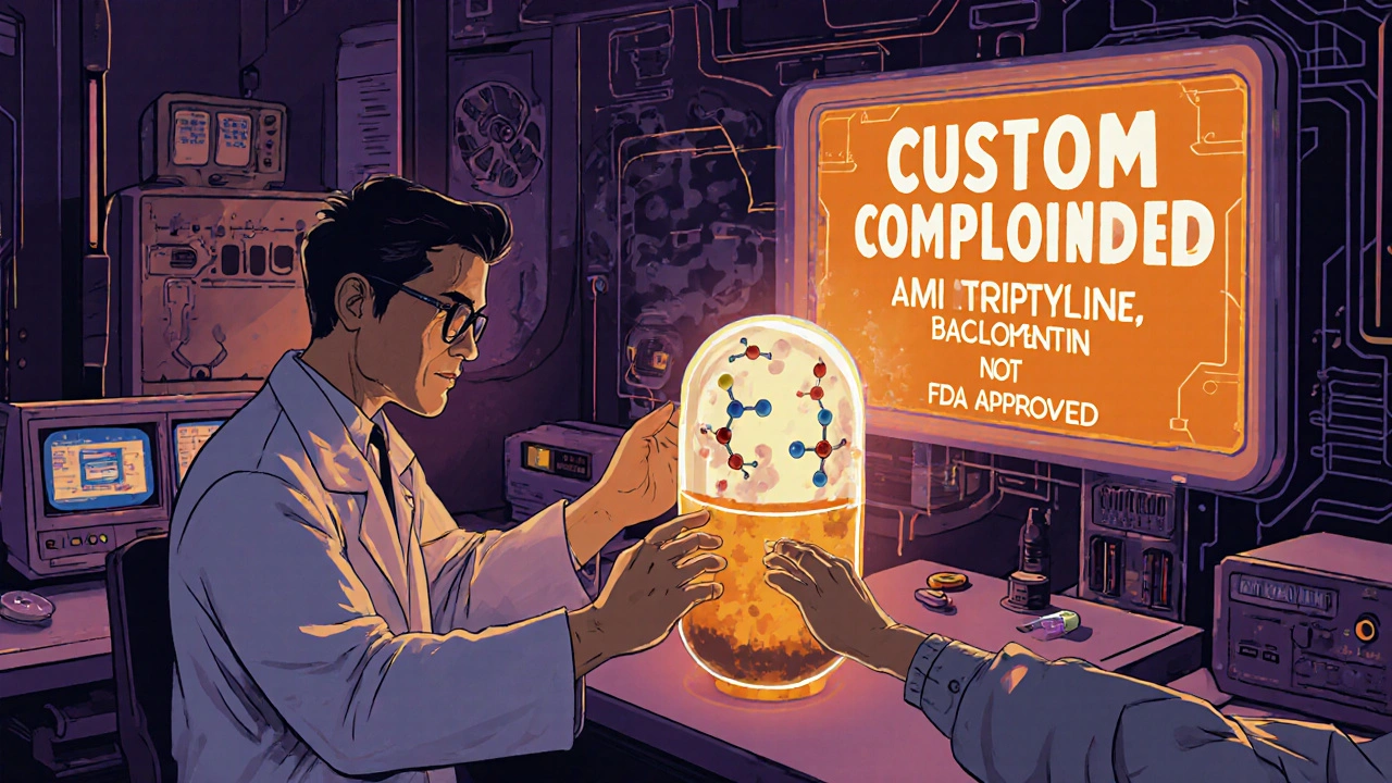 A pharmacist adjusts a glowing custom pill in a retro-futuristic lab with holographic controls and analog computers.