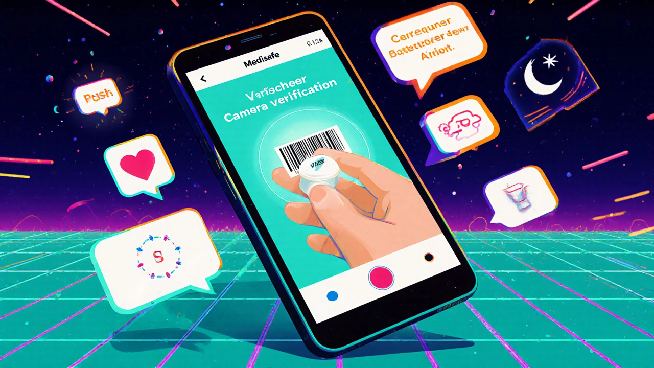 A smartphone screen showing a pill verification prompt with glowing notifications and health icons in neon retro-futuristic style.