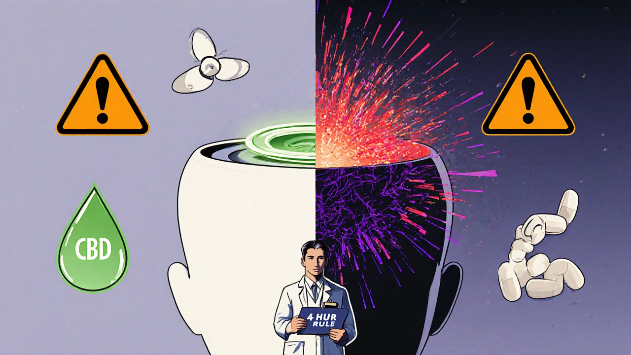A split human head showing calm CBD on one side and chaotic THC-depressant interaction on the other.