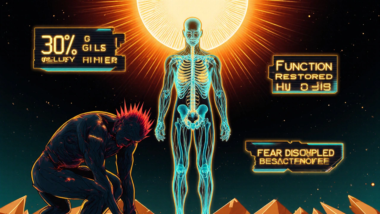 A transformed patient with a peaceful nervous system glowing gold, beside their shadowed chronic pain self in a retro-futuristic setting.