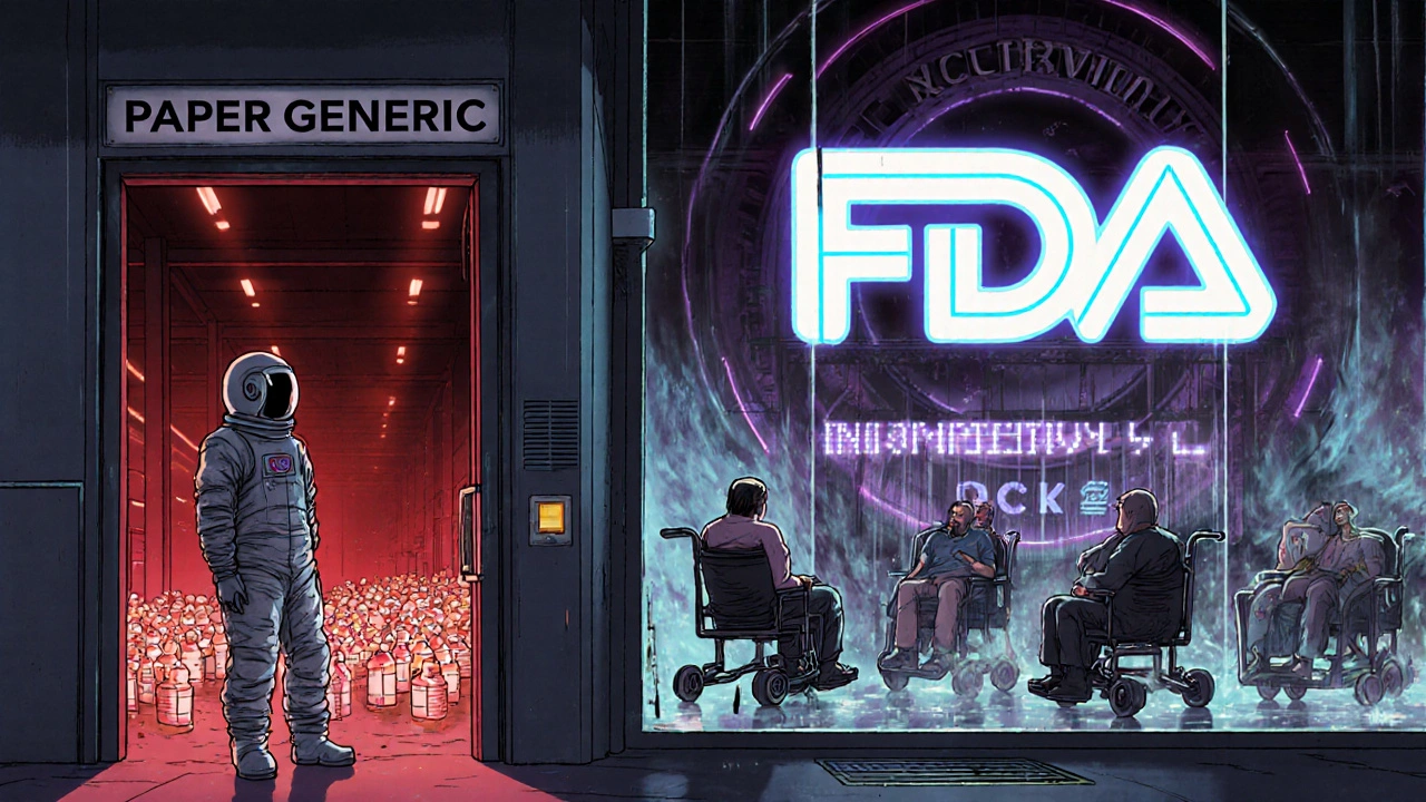 A worker beside a warehouse of unopened pills, blocked by an exclusivity force field while patients look on helplessly in a retro-futuristic city.