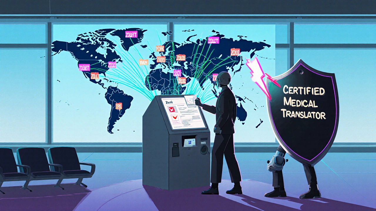 Airport kiosk projecting global medication names, traveler receiving translated label as AI figure gets zapped by medical translator shield.