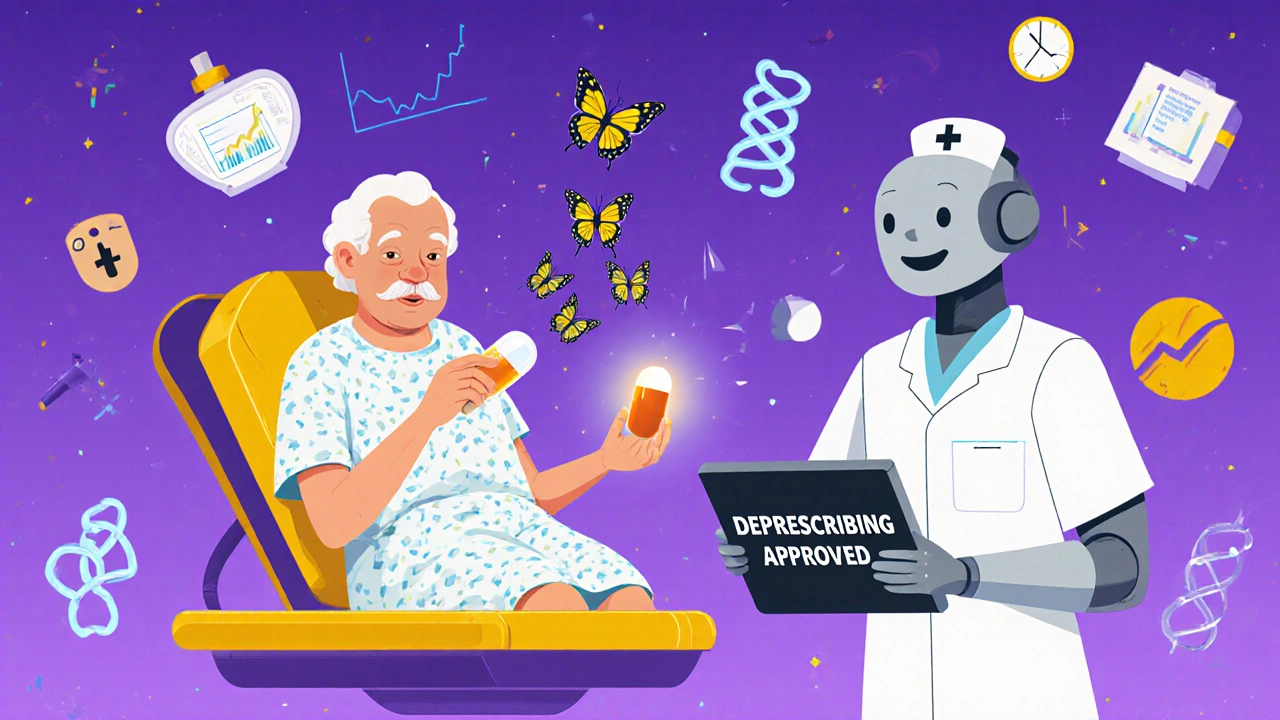 An elderly patient watching a statin pill turn into butterflies in a surreal hospital setting.