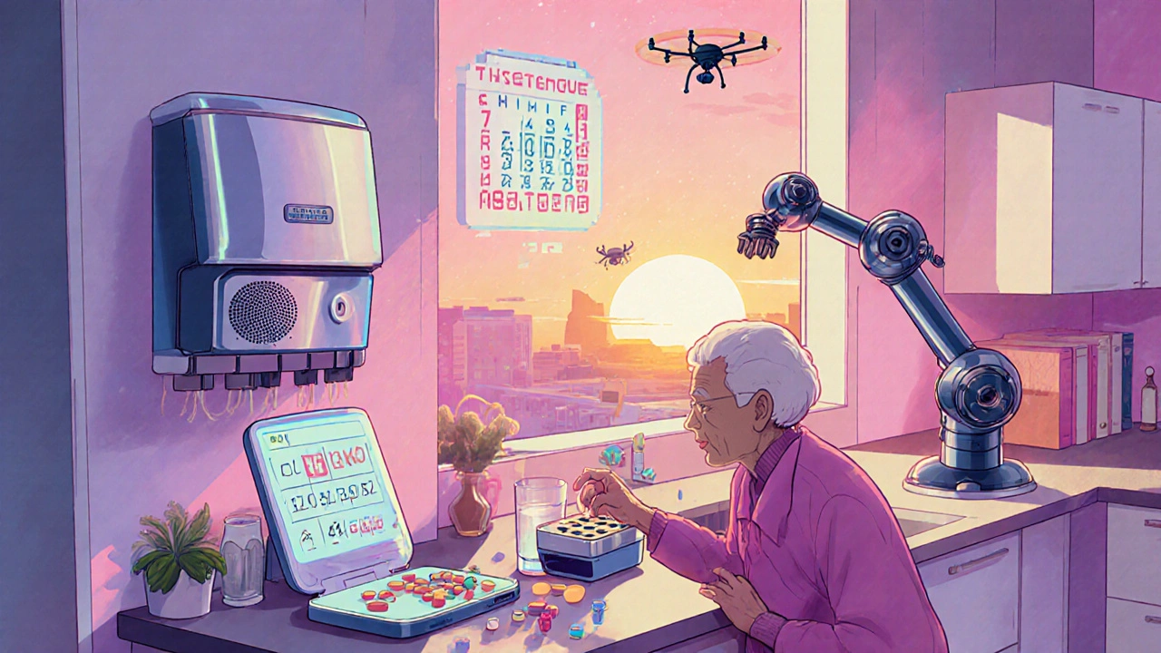 An elderly person receiving a pill and water from a smart dispenser in a futuristic kitchen with holographic doses projected nearby.