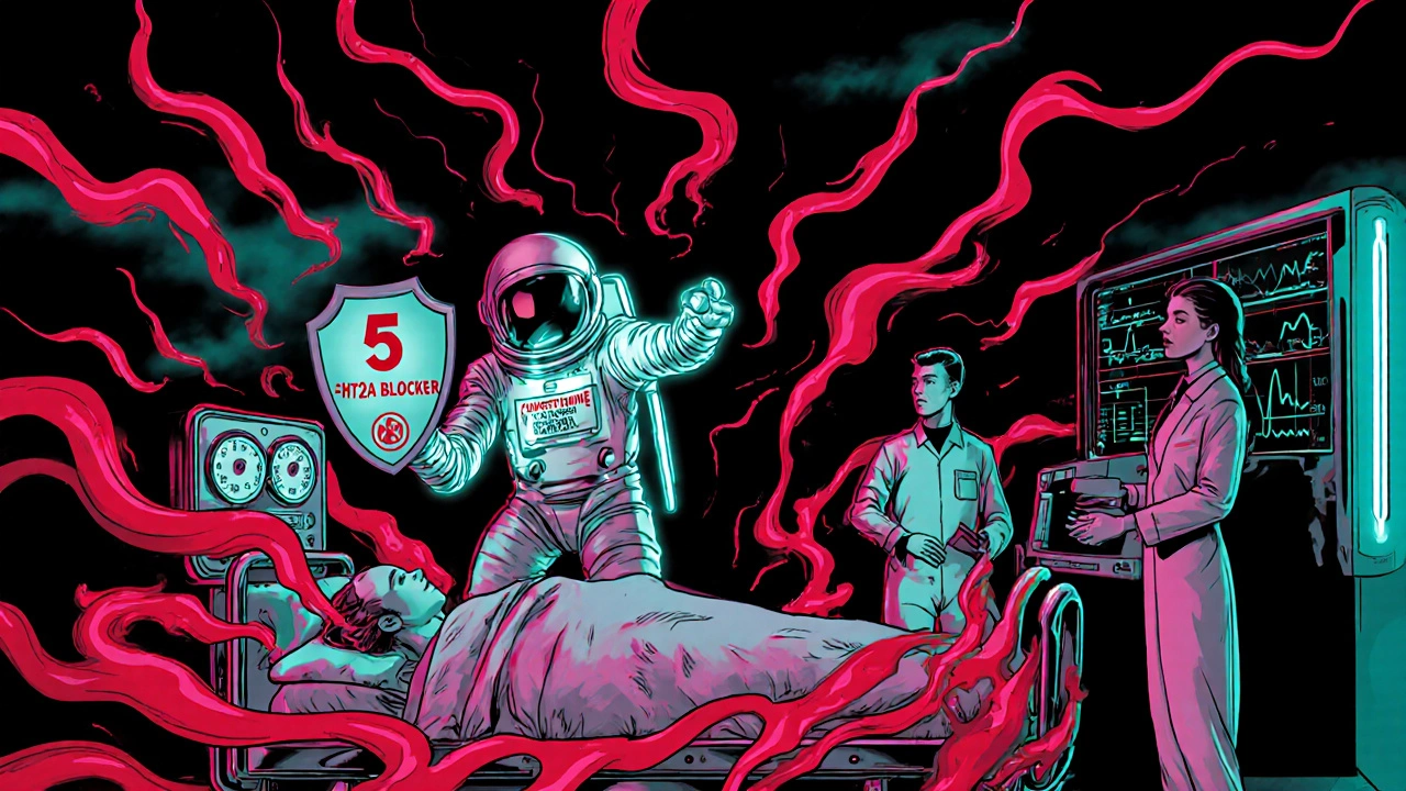 An emergency room scene where a Cyproheptadine astronaut shields a patient from swirling serotonin waves in retro-futuristic style.