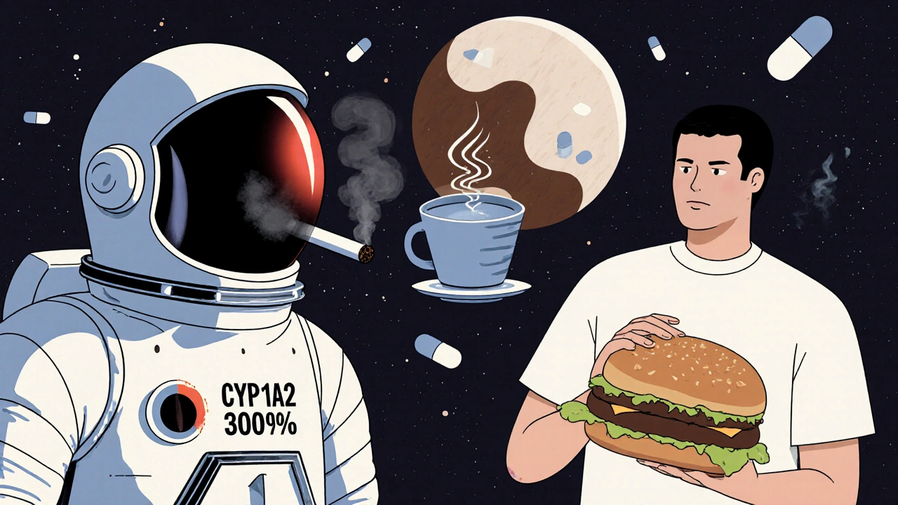 Contrasting figures: a smoker with high enzyme levels and a burger-eater with mild increase in retro-futuristic style.