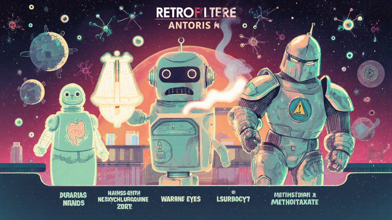 Futuristic android representations comparing LDN to other chronic pain treatments, each with symbolic visual warnings and features.