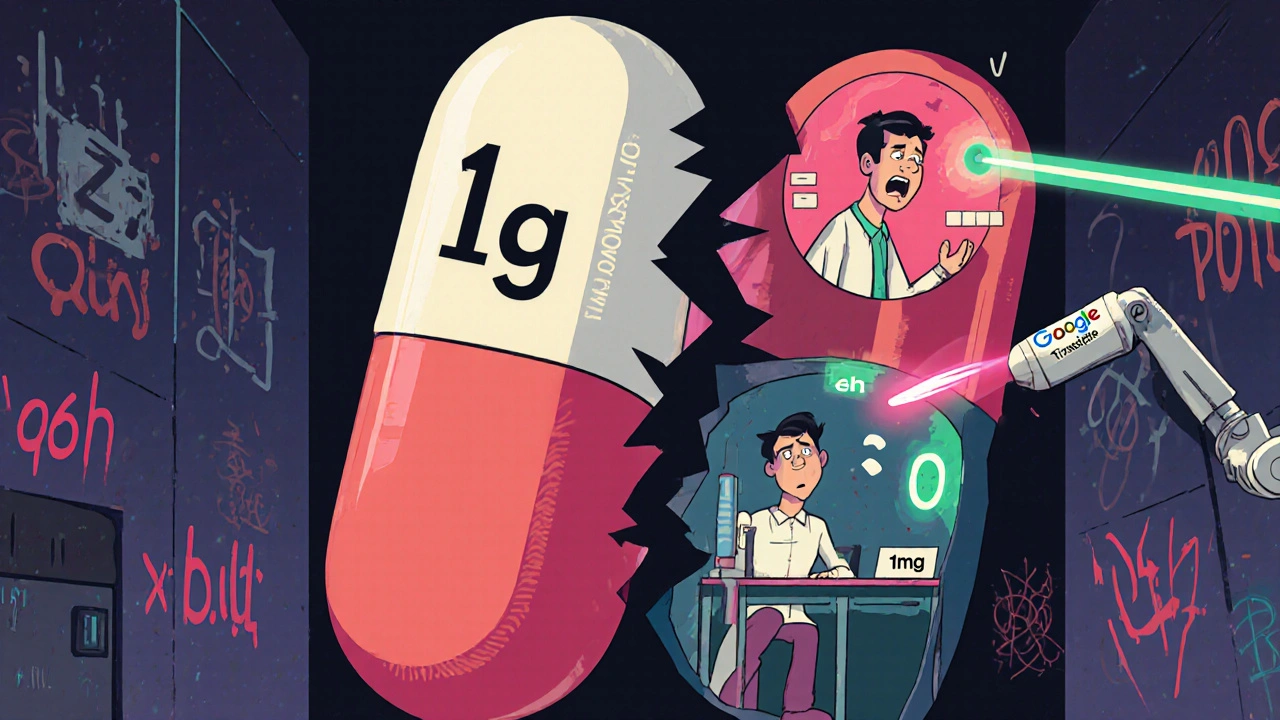 Giant pill splitting open to show dosage confusion between 1g and 1mg, with floating comma and malfunctioning AI robot.