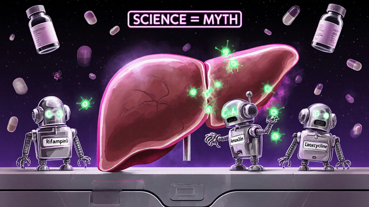Mechanical liver with robots breaking estrogen molecules, one labeled Rifampin, others inactive.