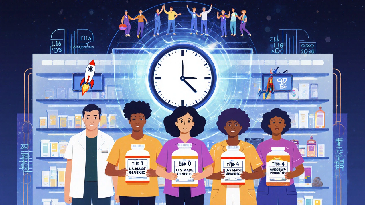 Patients in a glowing pharmacy holding U.S.-made generic pills, with a hologram showing FDA approval tiers and rising domestic production graph.