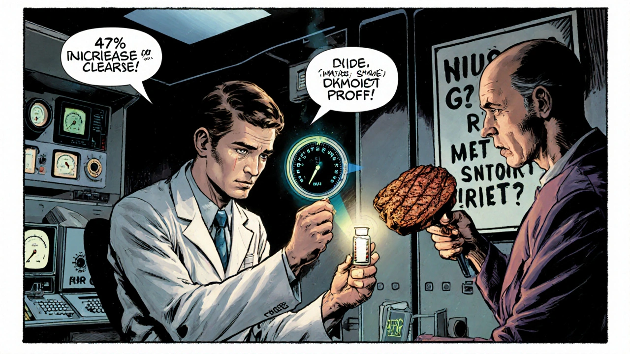 Pharmacist testing caffeine clearance while patient holds charred meat in 1970s space-lab setting.