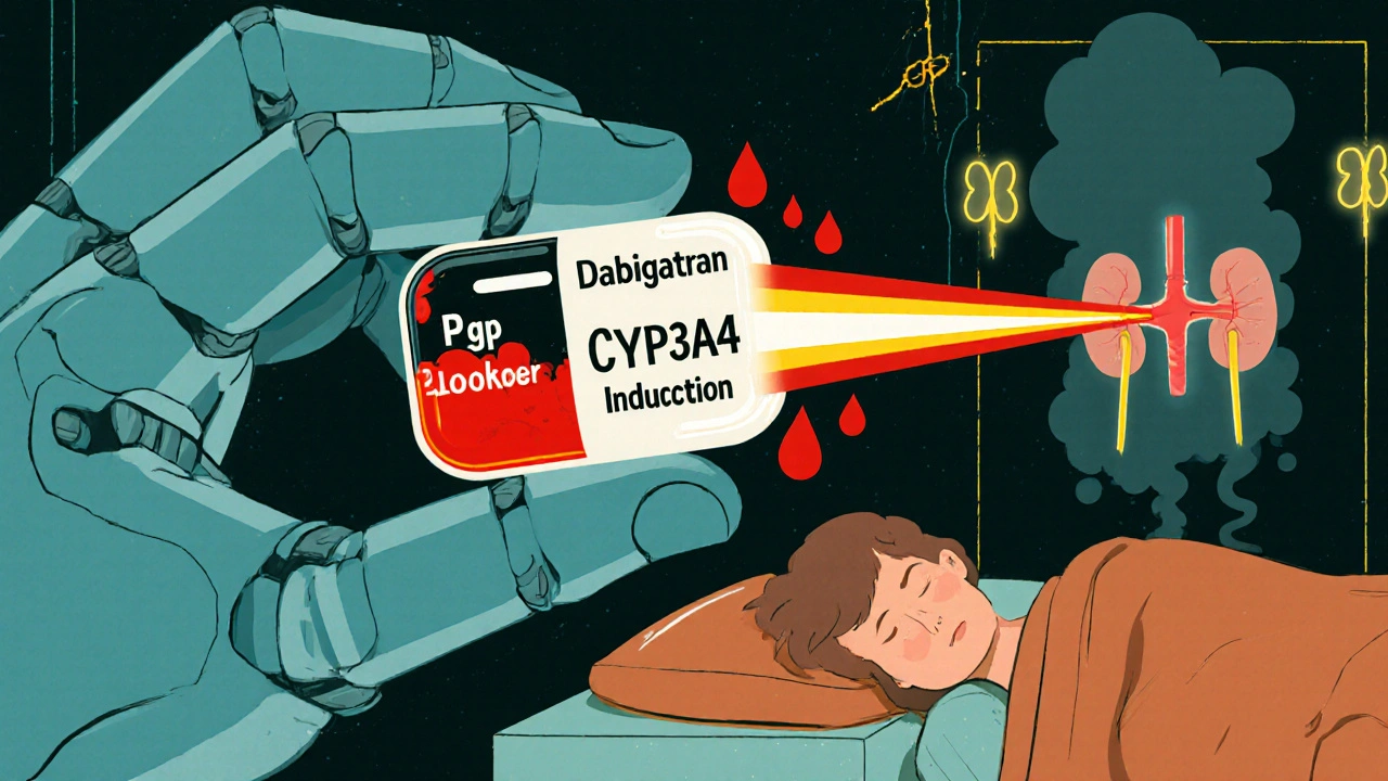 Robotic hands squeezing and blasting a DOAC capsule, causing blood overflow and drug evaporation, with flickering kidney icons.