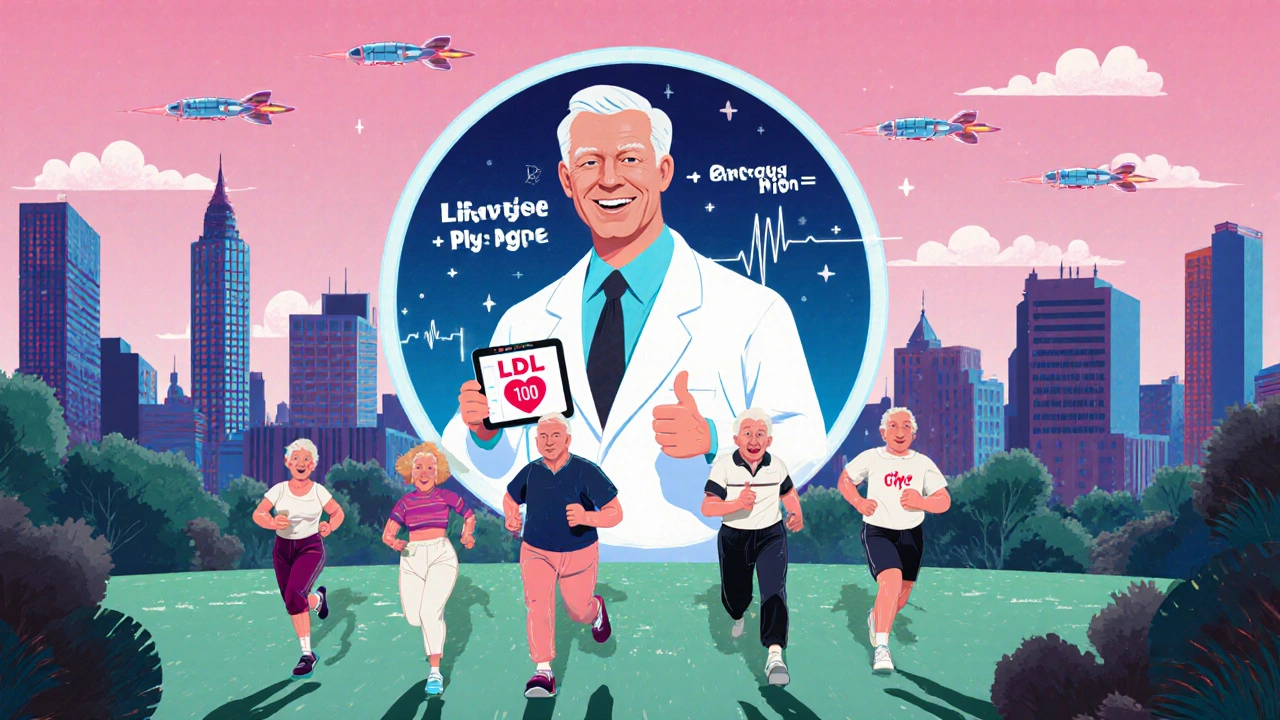 Seniors jogging in a futuristic park with animated heartbeats and a holographic doctor smiling above.