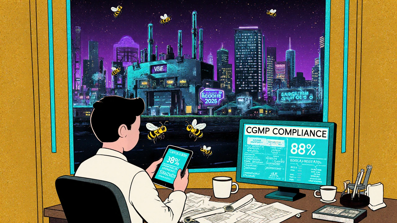 Small-pharma engineer at a desk surrounded by compliance documents, watching U.S. facilities light up on a glowing FDA database screen.