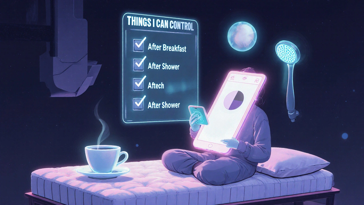 Someone dragging a pill icon to a new daily anchor on a glowing app interface while sitting on a mattress.