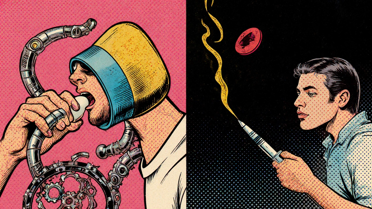 Split scene: giant oral steroid pill causing mechanical side effects vs. a biologic injection restoring healthy airflow in a retro-futuristic style.