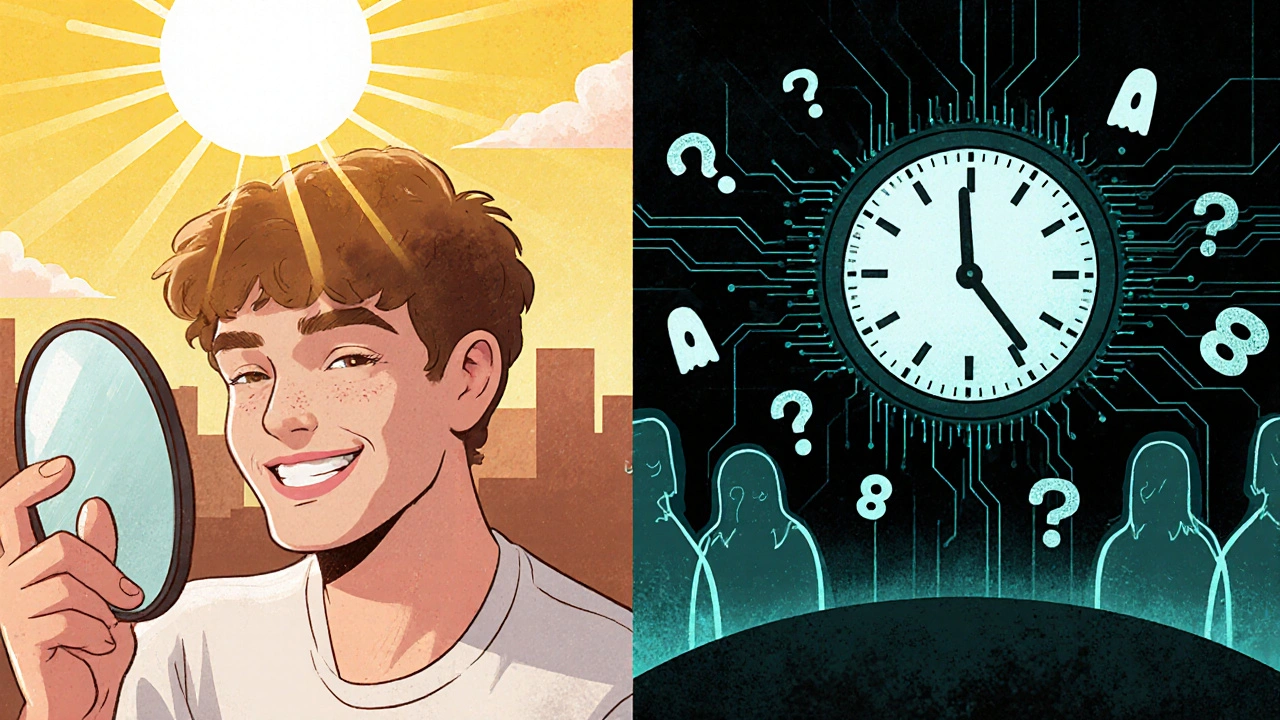 Split scene: one side shows clear skin and joy, the other shows isolation and anxiety with a week-by-week countdown under analog TV static.