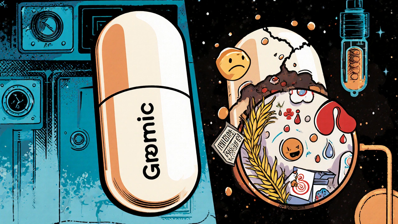 Two pills side by side: one clean, one bursting with cartoon allergens like milk, wheat, and dye, set in a 1960s sci-fi lab.