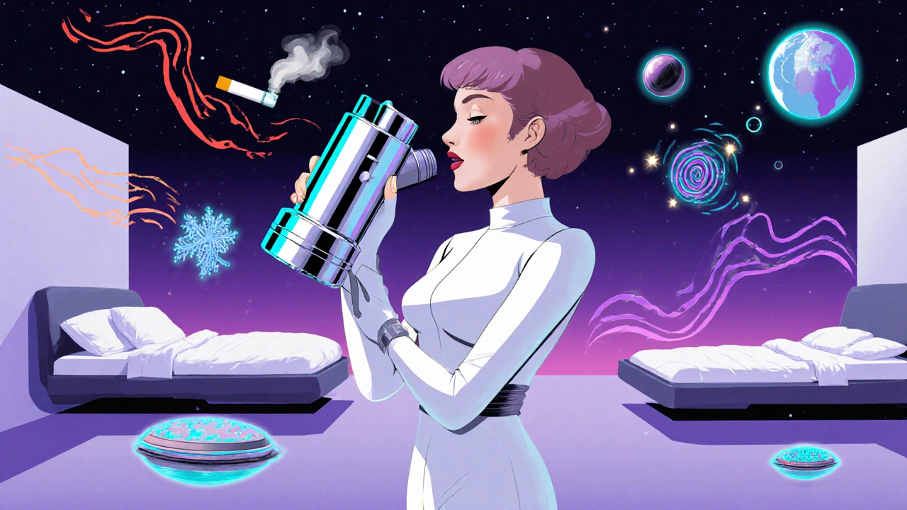 Woman using a futuristic inhaler with a floating spacer, neutralizing invisible asthma triggers in a retro sci-fi bedroom.