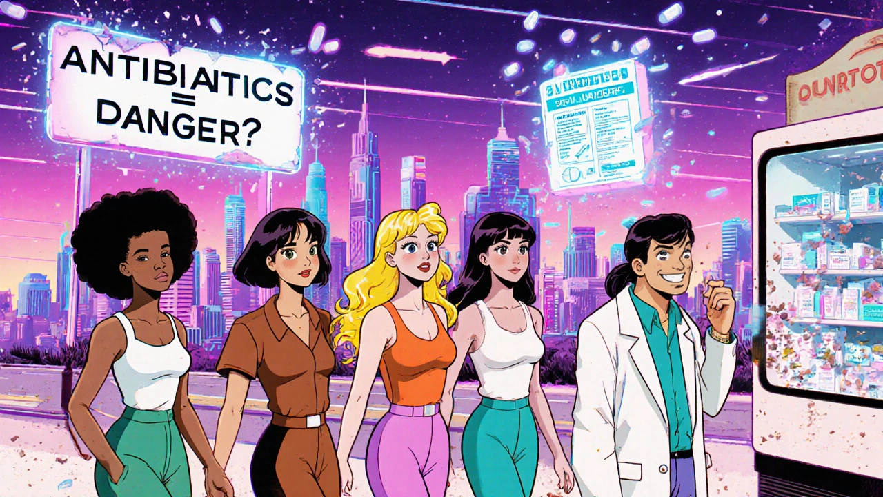 Women taking birth control confidently as a confused pharmacist watches crumbling warning signs.