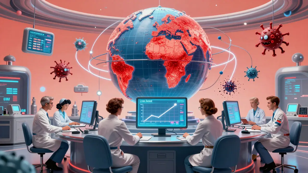 A command center monitors global antibiotic use, with AI streams and a rising 'Lives Saved' graph as harmful infections vanish.