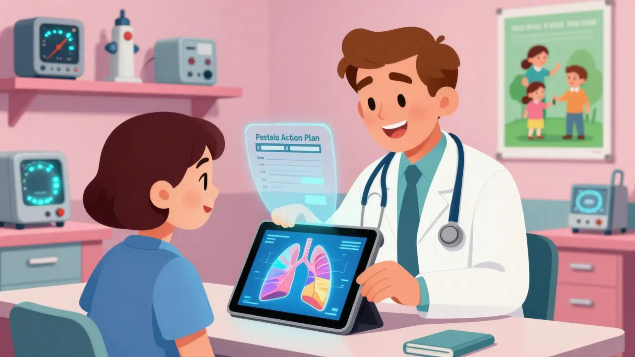 A doctor and patient using a glowing tablet to create a personalized asthma plan in a retro-futuristic clinic.