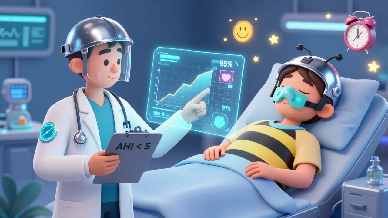 A doctor shows a holographic sleep health dashboard as a patient sleeps with a chrome CPAP mask, surrounded by rising oxygen and happy icons.
