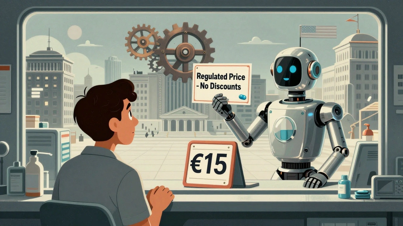 A European pharmacy with a confused patient facing a high price tag, surrounded by mechanical government symbols.