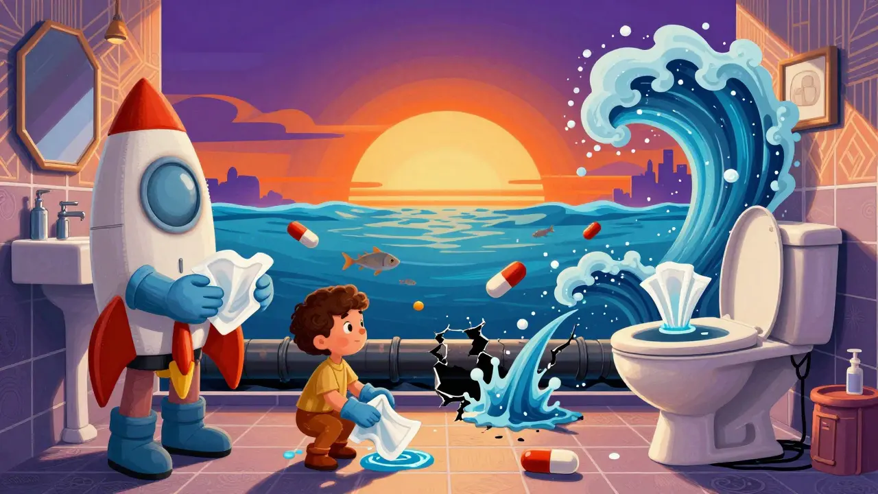 A family cleaning a chemo spill with oversized wipes as toxic waves flow into a polluted sewer.