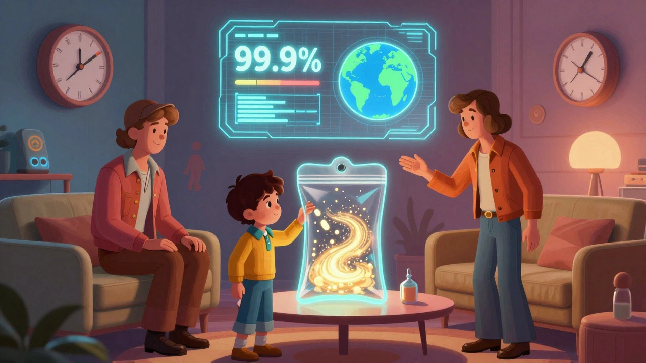 A family using a glowing deactivation pouch that neutralizes pills into golden particles.