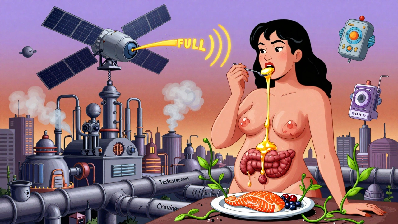 A futuristic body-city where the abdomen is a fat-producing factory, repaired by nutrient vines as the woman eats balanced meals under a glowing sky.