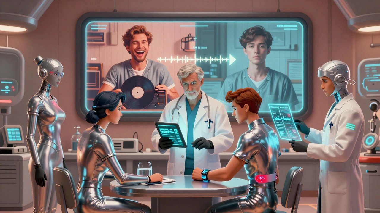 A futuristic medical team monitors a patient's mood and opioid use with glowing tablets and holograms in a collaborative clinic.