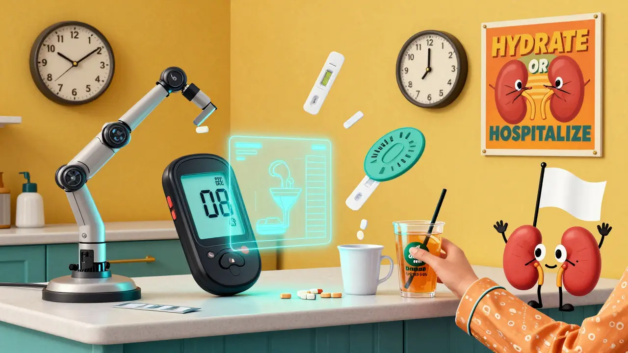 A futuristic sick-day command center with glowing glucose monitor, ketone strips, and electrolyte drink, in 1970s sci-fi cartoon style.