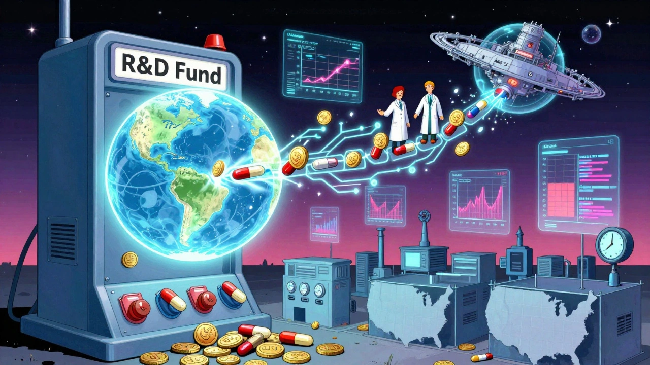 A glowing global system where US payments fuel drug innovation, while generic factories shut down as prices hit zero.