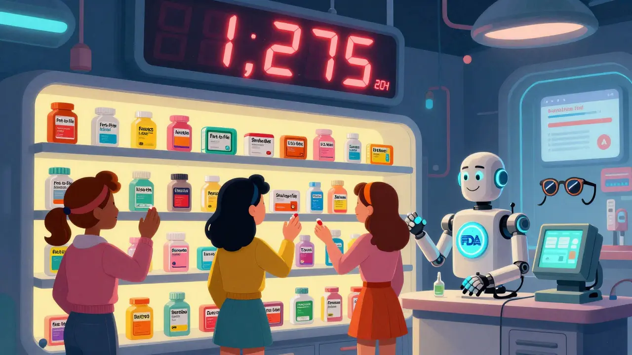 A glowing pharmacy shelf with labeled generic drugs and a robotic pharmacist, while an AI scanner tracks submissions overhead.