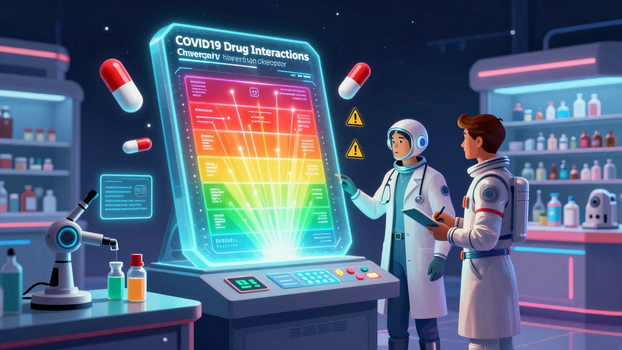 A glowing sci-fi console with color-coded alerts for Paxlovid interactions, surrounded by floating capsules, consulted by a doctor and patient.