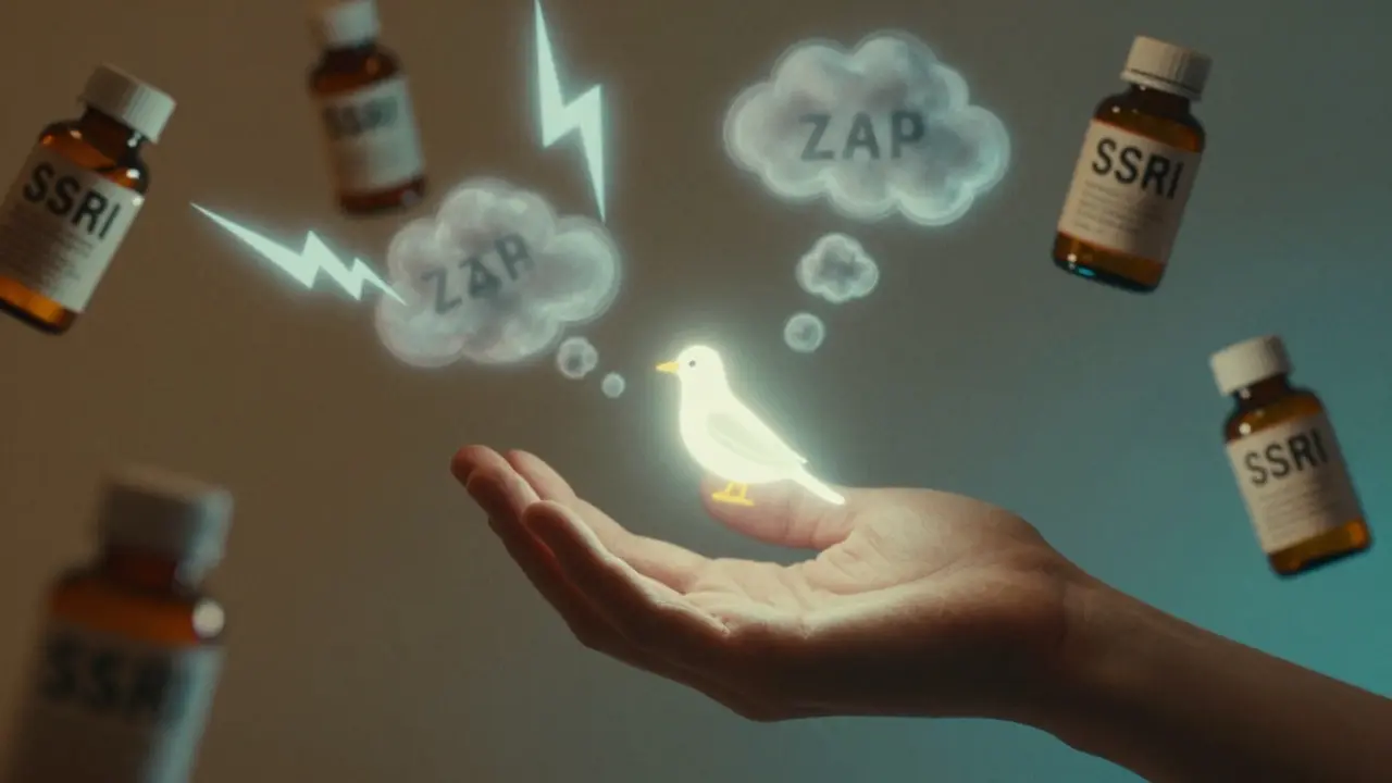 A hand releasing a serotonin bird while withdrawal symptoms fade, with floating SSRI pill bottles in retro design.