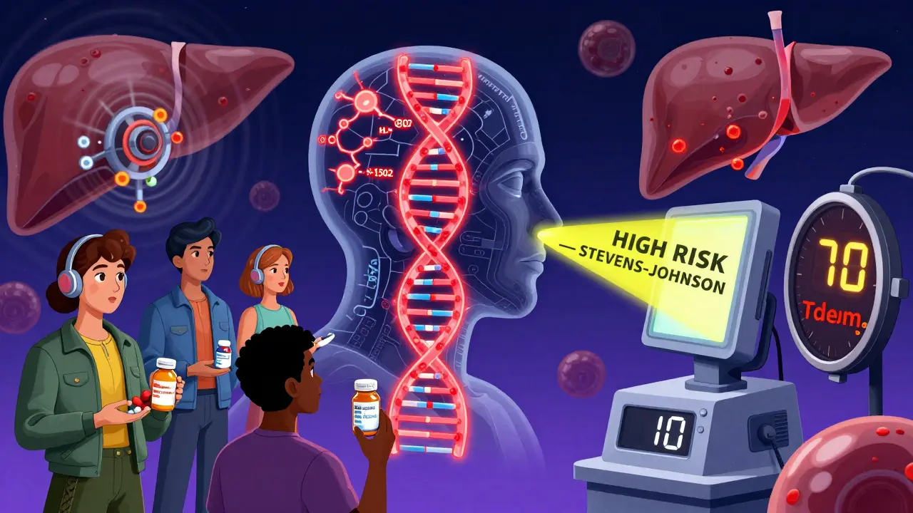 A human head with glowing DNA showing the HLA-B*1502 gene variant, surrounded by patients and a countdown to blood testing.