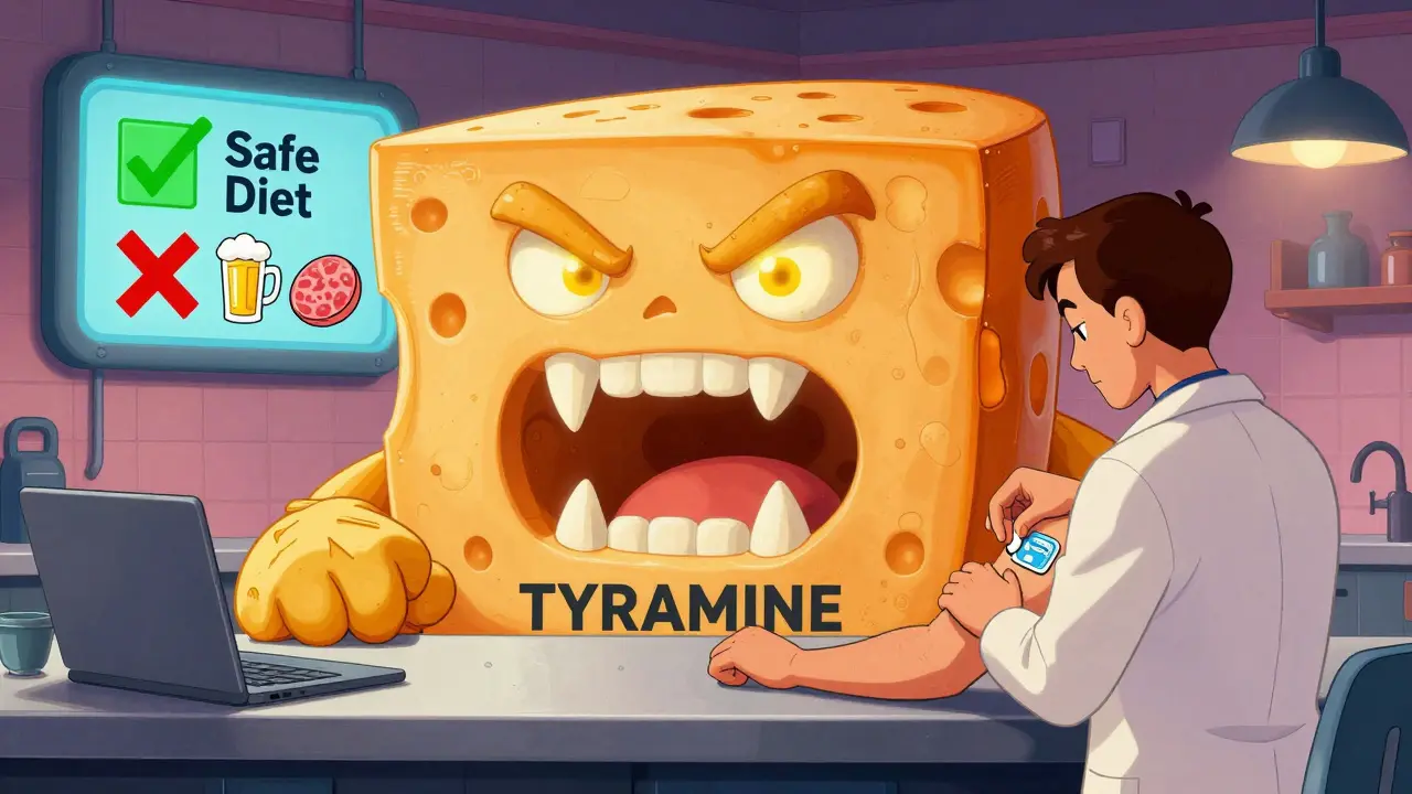 A monstrous aged cheese looming over a kitchen counter, with a patient applying a safety patch and diet warning signs.