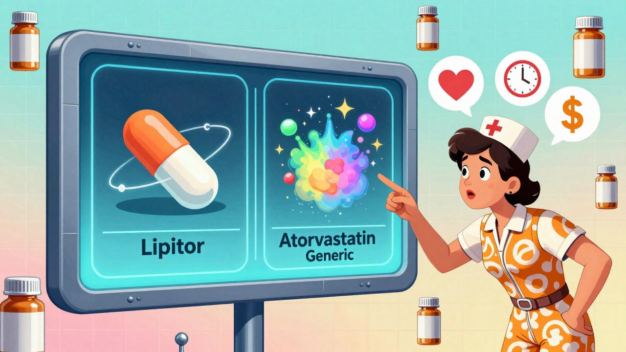 A nurse explains generic medication equivalence using a retro-futuristic screen showing spinning molecules and abstract pill designs.