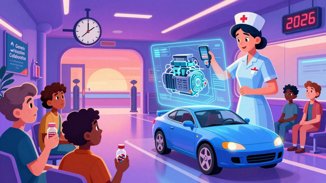 A nurse projects a holographic car analogy to patients, illustrating how generics have the same engine but different exterior parts.