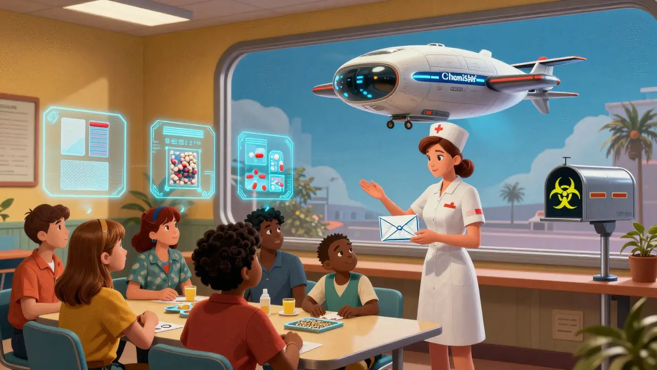 A nurse shows patients safe chemo disposal using floating holograms in a retro-futuristic community center.