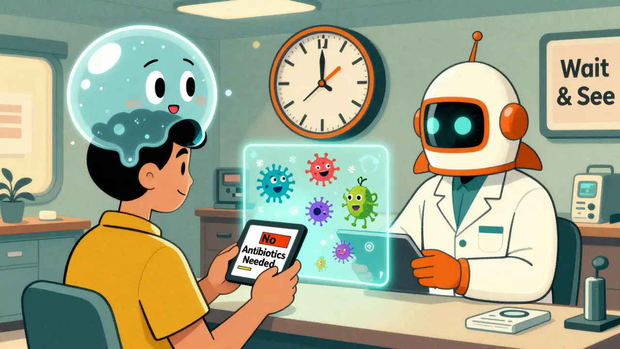 A patient receives a 'No Antibiotics Needed' sticker in a futuristic clinic, while a pharmacist scans symptoms using a glowing tablet.