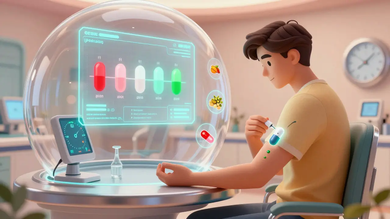 A patient undergoing a holographic allergy test in a sleek clinic with a timeline showing allergy removal.