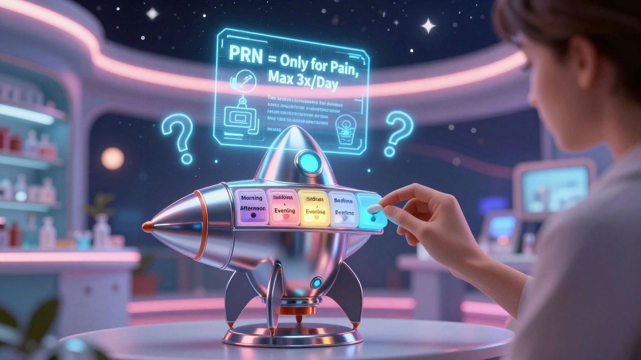 A patient uses a rocket-shaped pill organizer with glowing time slots and a holographic PRN safety warning.